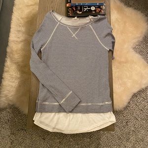 Soft Joie, size S, navy/ white striped, long sleeve tee with boatneck collar.